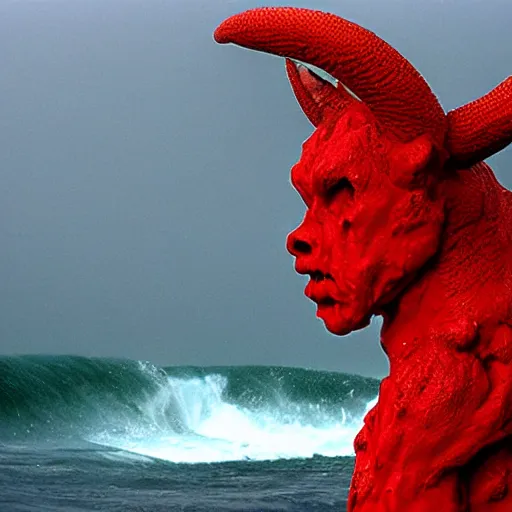 Image similar to a devilish red monster with horns emerging from boiling rough seas, photo by david lachapelle, s - 5 0