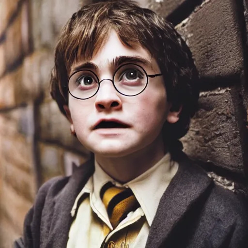 Image similar to closeup portrait Harry Potter in a diagon alley, by Steve McCurry and David Lazar, natural light, detailed face, CANON Eos C300, ƒ1.8, 35mm, 8K, medium-format print