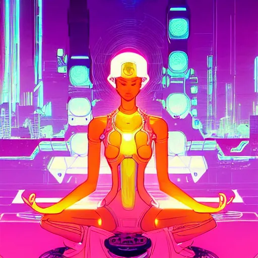 Image similar to a portrait of a beautiful cybernetic woman meditating in lotus pose, cyberpunk concept art by josan gonzales and jean claude meziere and syd mead