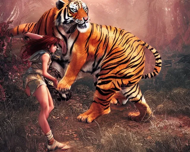 Image similar to a girl fighting a tiger, full shot, ambient lighting, detailed, art by ayami kojima, makoto shinkai, kilian eng