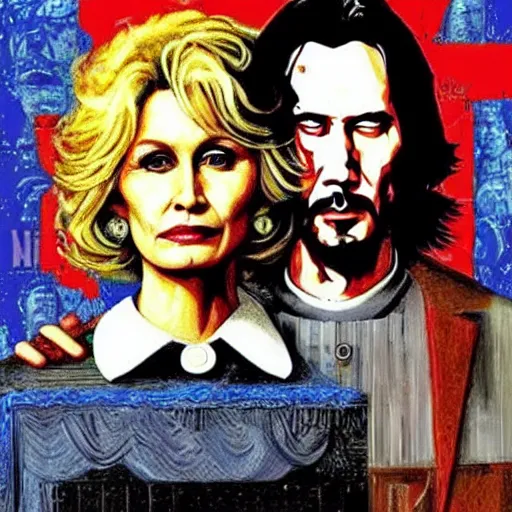 Image similar to American Gothic, with Keanu Reeves and Dolly Parton, by MARVEL comics and Sandra Chevrier, 8k