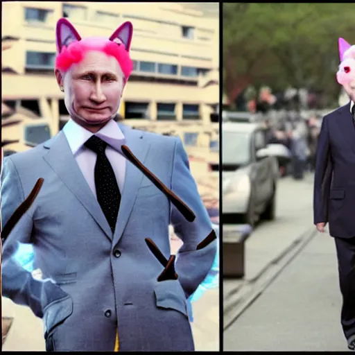 Image similar to vladimir putin wearing harajuku clothes. cat ears. cute matte painting