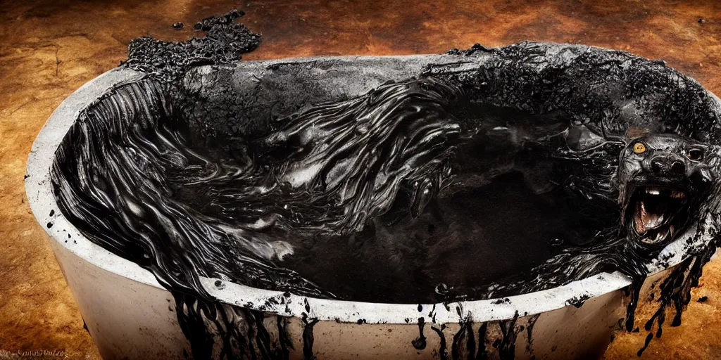 Image similar to a black lioness made of ferrofluid bathing inside the bathtub full of tar, covered with tar. dslr, photography, realism, animal photography, color