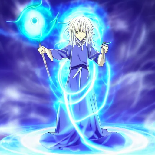 Prompt: a beautiful anime character wizard with free flowing hair holding a staff that has a glowing blue orb at the head of it emanating brilliant blue light, high detail, high resolution