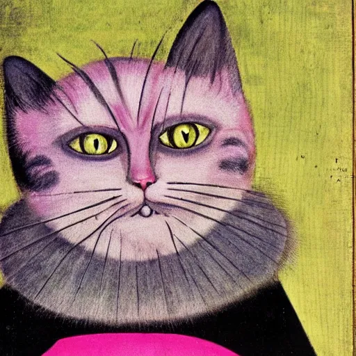 Image similar to portrait of the cat of cheshire bosch with pink and purple stripes and a malicious smile by hieronymus bosch. oil on wood