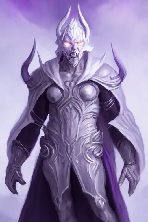Prompt: human male demon, white purple cloak, character concept art, costume design, black eyes, light armor, white horns, trending on artstation, Artgerm , WLOP