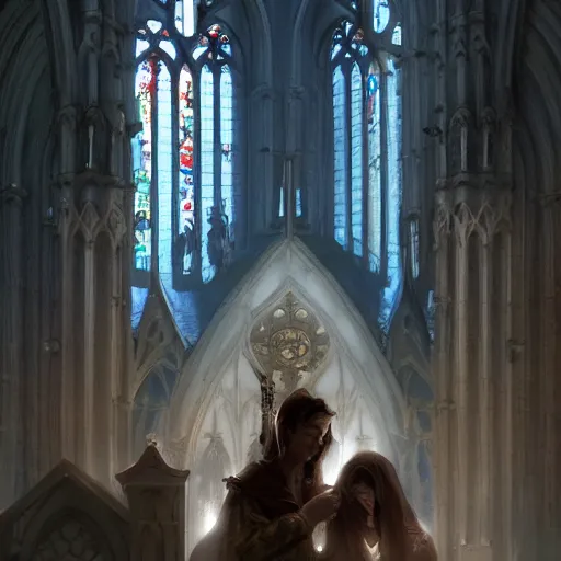 Image similar to angel protecting man who is praying inside a gothic church by Stanley Artgerm Lau, WLOP, Rossdraws, James Jean, Andrei Riabovitchev, Marc Simonetti, Yoshitaka Amano, ArtStation, CGSociety