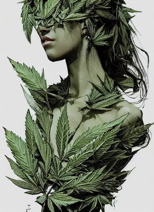 Image similar to Beautiful Female creature made of pot leaves, marijuana, watercolor, dramatic lighting, cinematic, establishing shot, extremely high detail, foto realistic, cinematic lighting, pen and ink, intricate line drawings, by Yoshitaka Amano, Ruan Jia, Kentaro Miura, Artgerm, post processed, concept art, artstation,