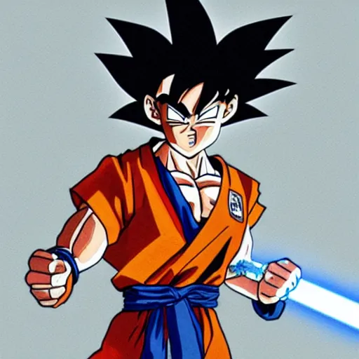 Image similar to Goku wearing a brown floor length rober welding a lightsaber, sci Fi, concept art, detailed, stylized