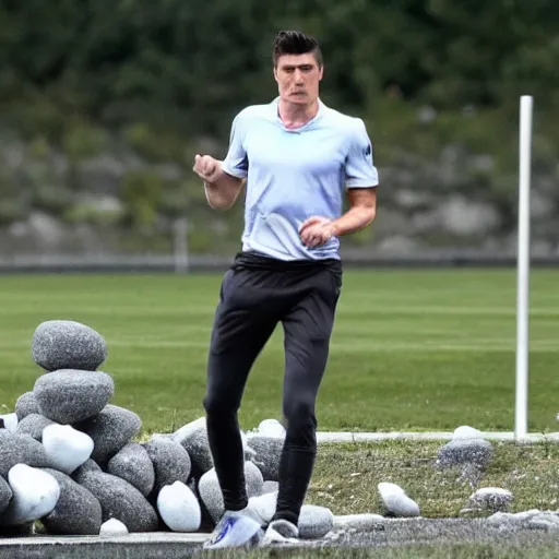 Prompt: robert lewandowski throwing rocks at the police