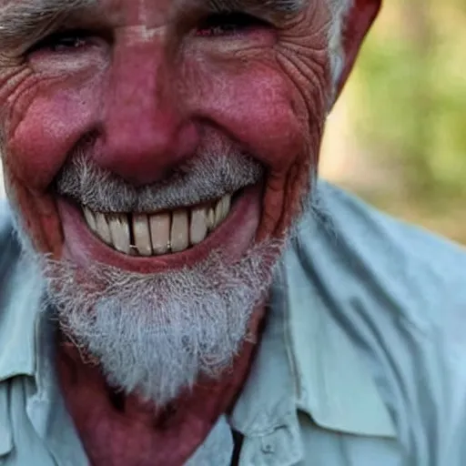 Image similar to an old man who has grown the world\'s longest human teeth, so long they have started to curl around