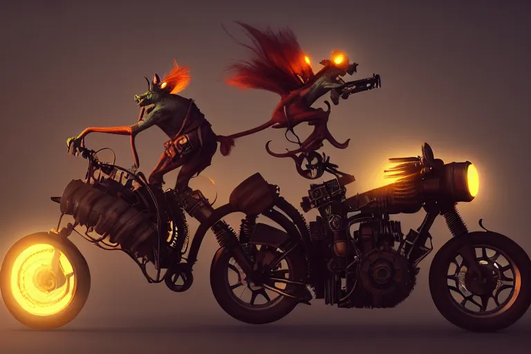 Prompt: a goblin riding a steampunk motorcycle, volumetric light, epic lighting, hyperdetailed, artstation, cgsociety, 8k