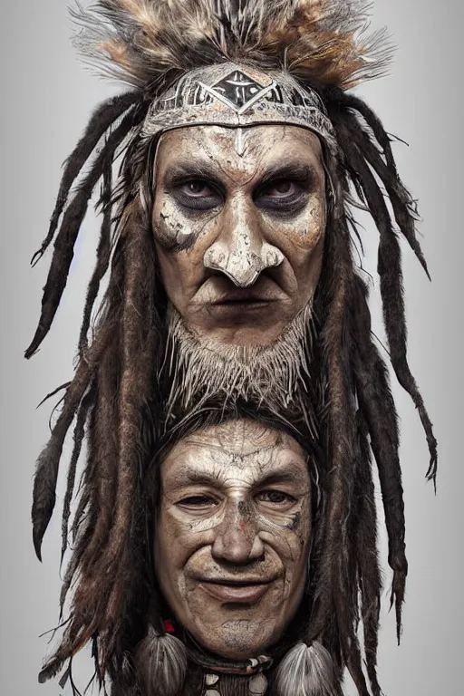 Prompt: portrait, headshot, digital painting, an old shaman in slavic wooden painted ritual mask, crow feathers, dreadlocks, realistic, hyperdetailed, chiaroscuro, concept art, art by frans hals