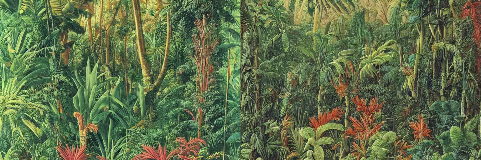 Prompt: colorful tropical jungle with tall trees and vines by ernst haeckel