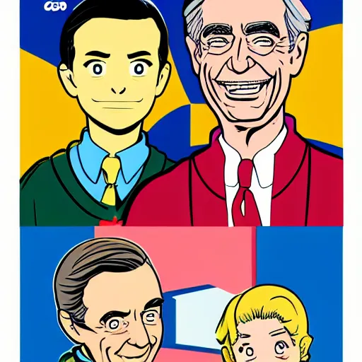 Prompt: mr rogers, in the style of archie comics ( 1 9 6 3 ), artstation, hq scan, ufotable studio art style,