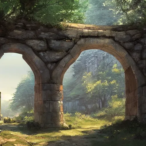 Prompt: concept art painting of a single free standing ancient stone archway, in the woods, realistic, detailed, cel shaded, in the style of makoto shinkai and greg rutkowski and james gurney