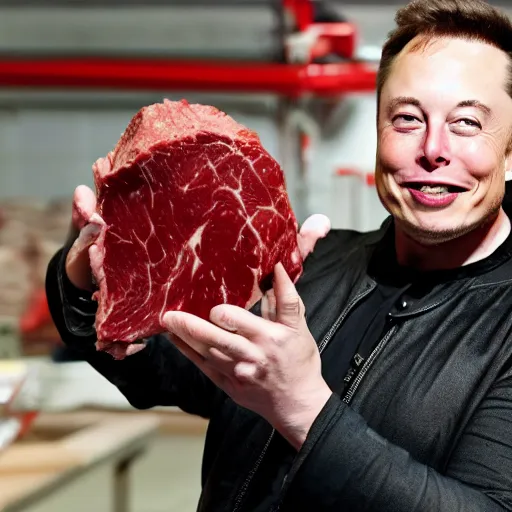 Image similar to elon musk holding a piece of meat, offering it to you