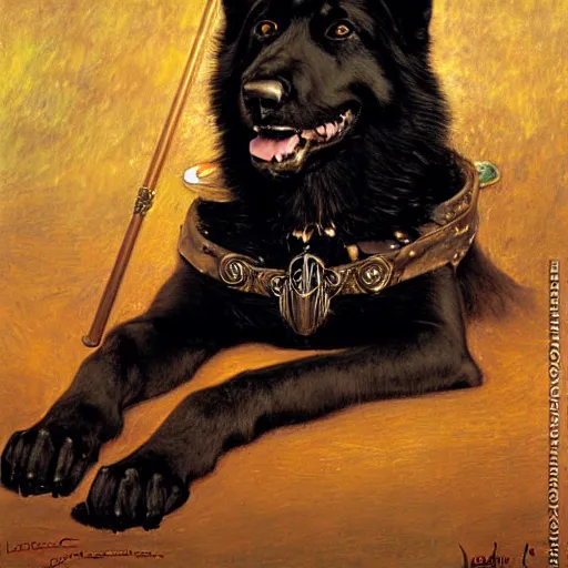 Prompt: a portrait of a black german shepard dogman canine with human eyes smiling holding a staff stick lord of the rings. highly detailed painting by gaston bussiere craig mullins jc leyendecker gustav klimt artgerm greg rutkowski