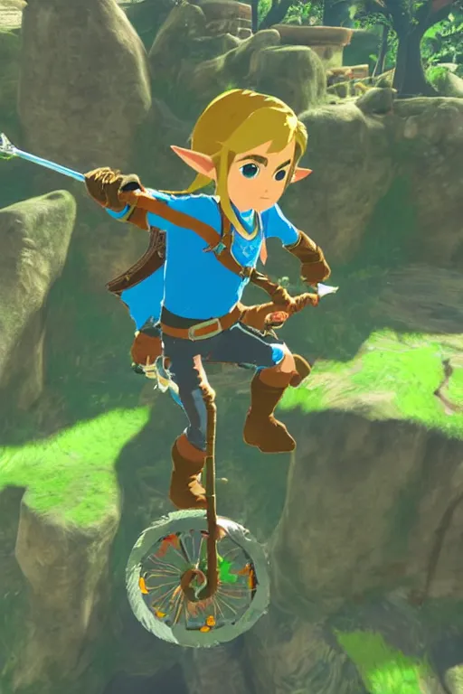 Image similar to in game footage of link from the legend of zelda breath of the wild riding a unicycle, breath of the wild art style.