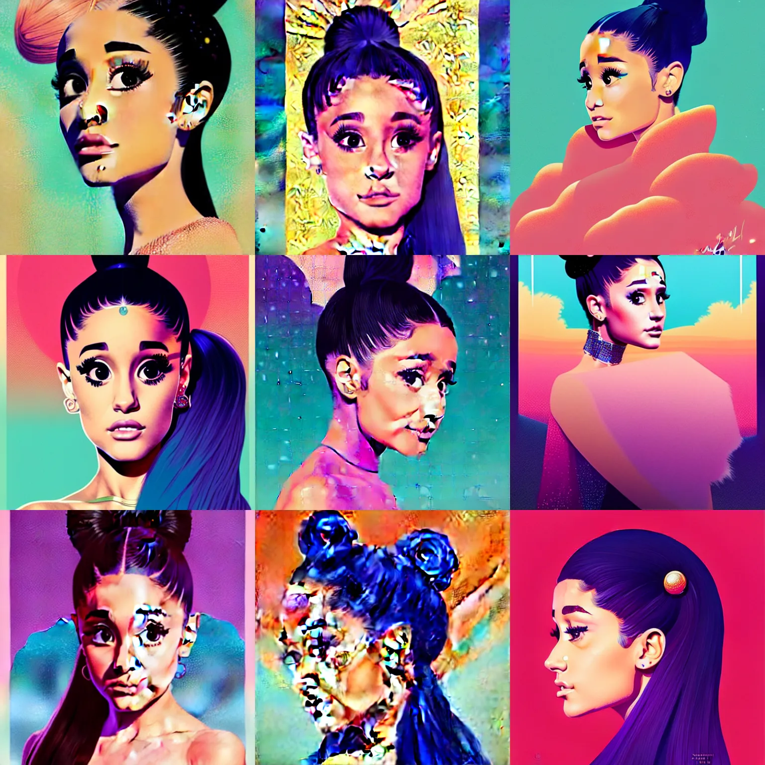 Prompt: Ariana Grande portrait by Victo Ngai and James Gilleard and Bruce Pennington