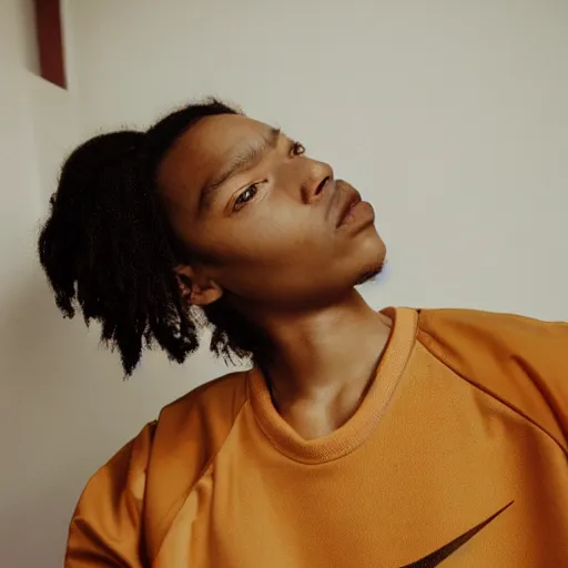 Image similar to realistic! photoshoot for a new nike lookbook, color film photography, portrait of a beautiful woman, location in a apartment, highly detailed, 8K, in style of tyler mitchell, 35mm