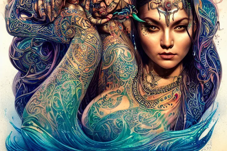 Image similar to a centered full body render of alluring festival hippie goddess with tribal tattoos surrounded by a underwater ink pour and flowing liquid gallium and sacred geometry, perfect face, powerful, cinematic, beautifully lit, by artgerm, by karol bak, by donato giancola, 3 d, trending on artstation, octane render, 8 k