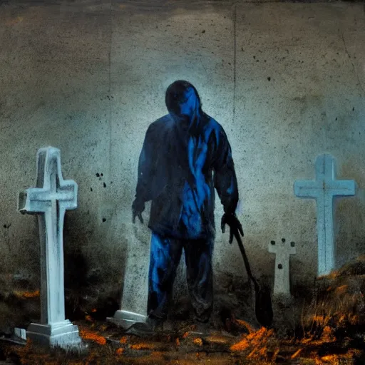 Image similar to one man in a cemetery digging up a dead body, by nicola samori, painting, 8 k, high detail, medium blue, orange, and dark green tones, high quality, sad feeling, high detail, dark colors, sinister atmosphere, dramatic lighting, cinematic, establishing shot, extremely high detail, photo realistic, cinematic lighting