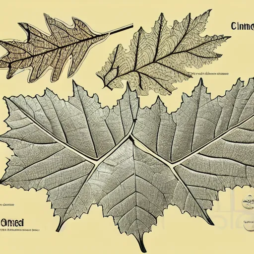 Image similar to a full page schematic diagram illustration of a hybrid between oak leaf and wine leaf, ultra detailed, 4 k, intricate, encyclopedia illustration, fine inking lines