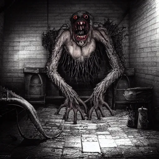 Image similar to creepy monster lurking in a dingy basement, highly detailed, epic lighting, hyper photorealism, low angle, trending on artstation 8 k