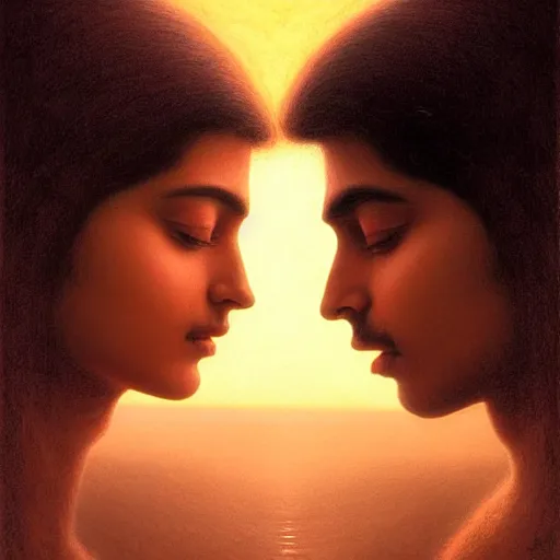 Image similar to perfectly - centered movie promotional poster - photograph of a young indian guy and a beautiful girl side profile faces symmetrical ; real life portrait by beksinski and jean delville, romantic theme, two lovers sharing one heart, unreal engine 5, photorealism, hd quality, 8 k resolution, cinema 4 d, hdr dramatic lighting ; symmetrical, cinematic, high coherence