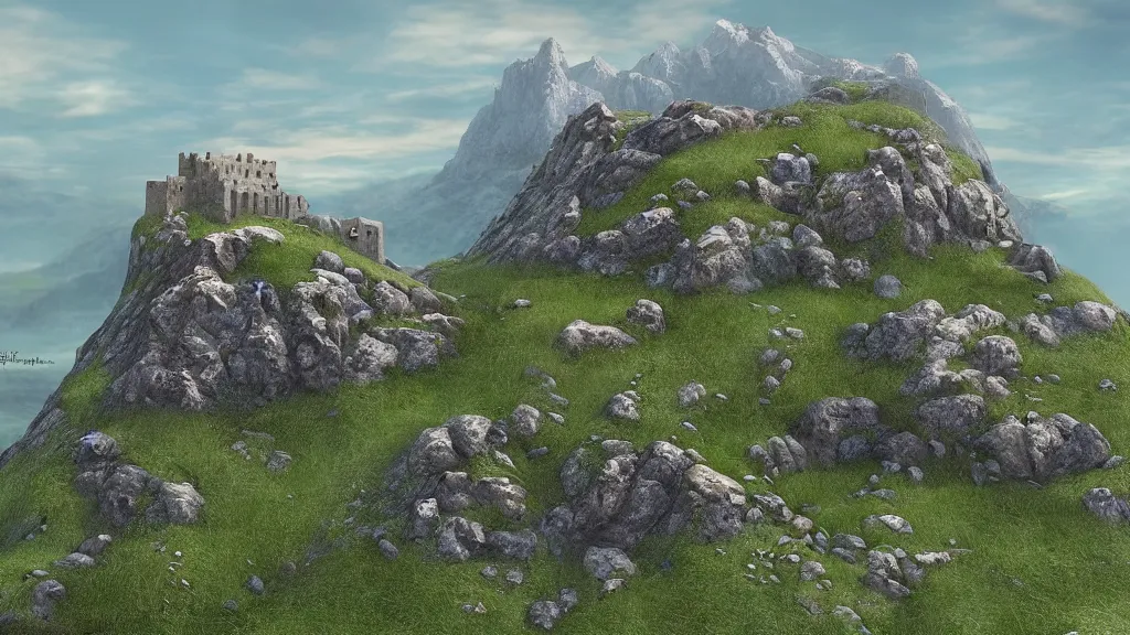 Prompt: small early medieval castle the top of a rough, steep mountain with great view on other mountains, epic, no trees, no foliage, realistic light, epic, fantasy, digital art