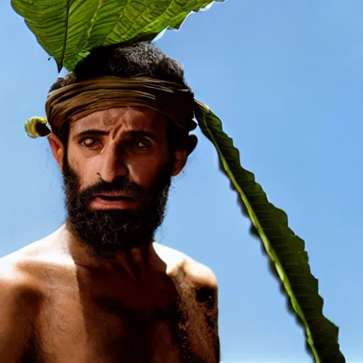 Prompt: cinematic still of hiding middle eastern skinned frightened man wearing fig leaves for clothing, paradise background, from Biblical epic by Steven Spielberg