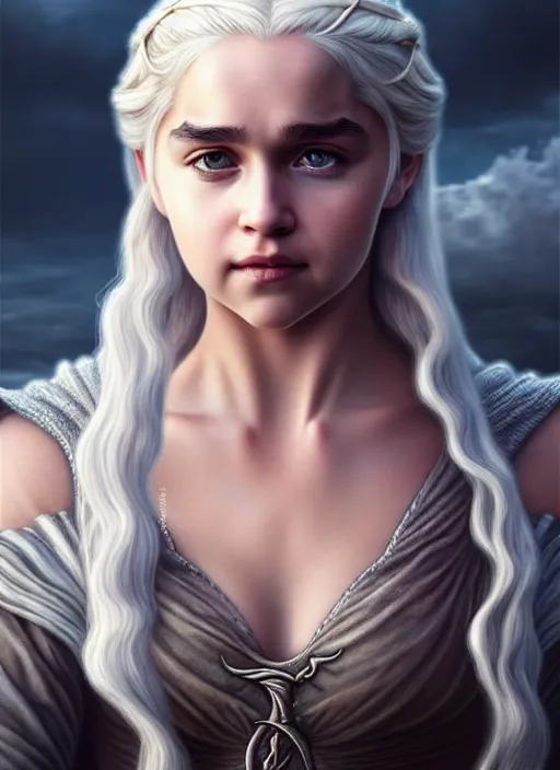 Image similar to photo of a gorgeous young daenerys targaryen in the style of stefan kostic, realistic, professionally, professionally color graded, half body shot, sharp focus, 8 k high definition, insanely detailed, intricate, elegant, art by stanley lau and artgerm