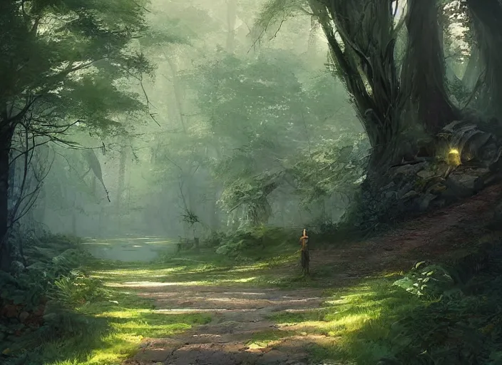 Prompt: A beautiful pathway in a forest, lush trees, a fantasy digital painting by Greg Rutkowski and James Gurney, trending on Artstation, highly detailed