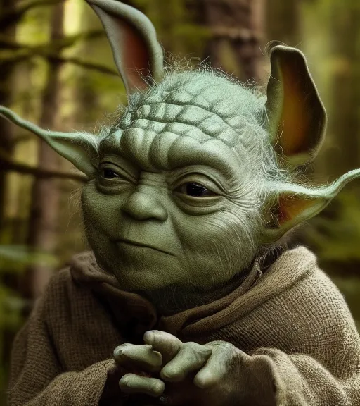 Prompt: 5 5 mm photo of a real life yoda in a forest. magical atmosphere. art by greg rutkowski. lifelike. very detailed 8 k. intricate. soft light. nikon d 8 5 0.