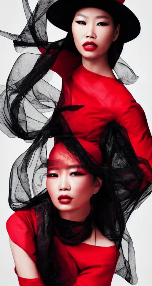 Image similar to vogue magazine fashion model portrait asian woman, black and red, elegant