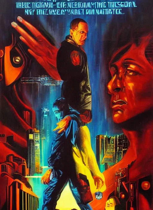 Image similar to 1 9 8 3 movie poster for neuromancer. oil on canvas. print.