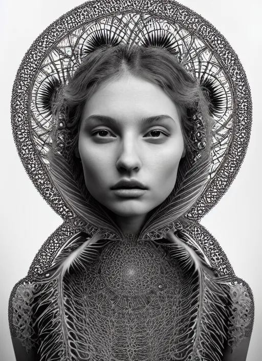 Prompt: ridiculously beautiful young woman thinking by irakli nadar, several layers of intricate sacred geometry, orgasm, cosmic, natural, awakening, symmetrical, in the style of ernst haeckel and alex grey, intricate woven doily, feather, warm, photo realistic, epic and cinematic