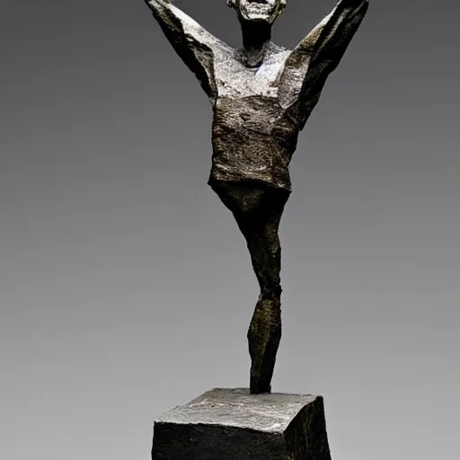 Image similar to sculpture of a cowering man, in the style of alberto giacometti