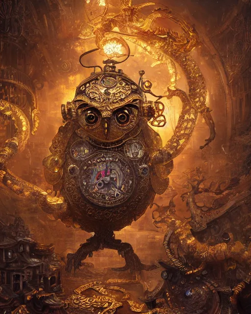 Image similar to oil painting of ornate intricate golden Steampunk owl Golem fighting chinese dragon, sharp focus, fantasy style, steampunk city background, octane render, volumetric lighting, 8k high definition, by greg rutkowski, highly detailed, trending on art Station