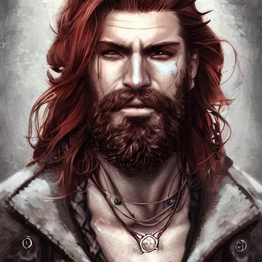 Image similar to rugged ship captain, male, handsome, flowing red hair, fantasy, detailed face, ruggedly handsome, intricate, elegant, highly detailed, piercing eyes, steampunk, digital painting, artstation, concept art, character art, smooth, sharp focus, illustration, art by artgerm