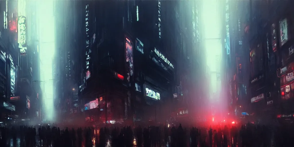 Image similar to beautiful painting by jeremy mann, large crowd in a cyberpunk street, still from blade runner movie, desaturated, oil painting, perfect composition, detailed octane render trending on artstation, volumetric fog, ominous, unsettling, 8 k artistic photography, volumetric cinematic perfect light