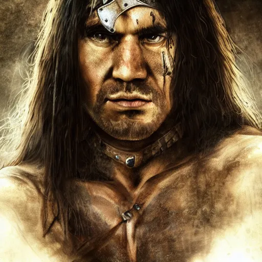 Image similar to hyper realistic photo of cimmerian conan barbarian portrait, cinematic