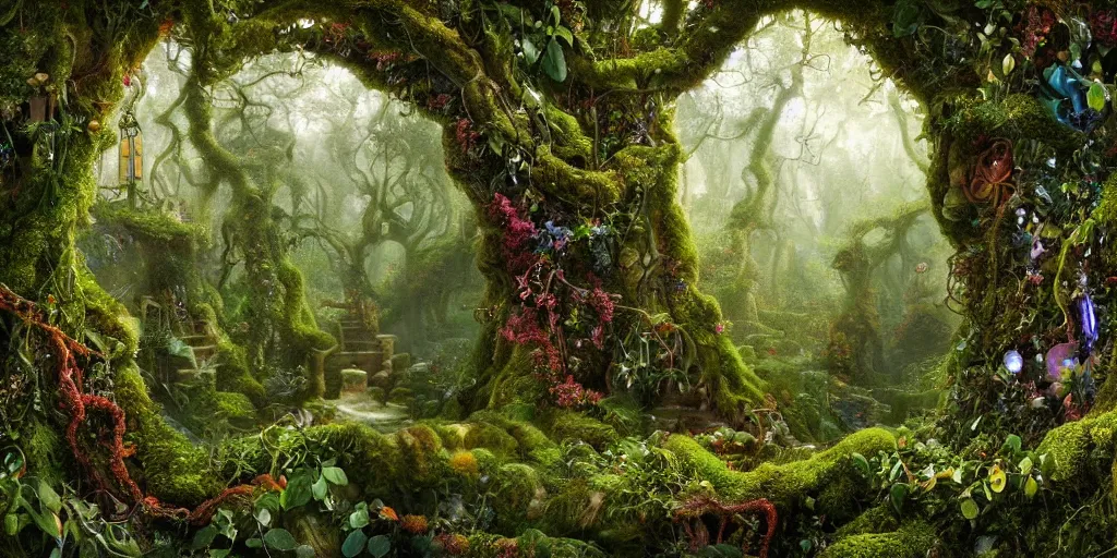 Image similar to a beautiful and highly detailed digital painting of a portal to fairyland, iridescent crystals, moss, multicoloured vines, tangled, the secret garden. intricate details, epic scale, hyperdetailed, hyperrealism,, artstation, cgsociety, 8 k, sharp focus, by caspar friedrich, albert bierstadt, james gurney, brian froud,