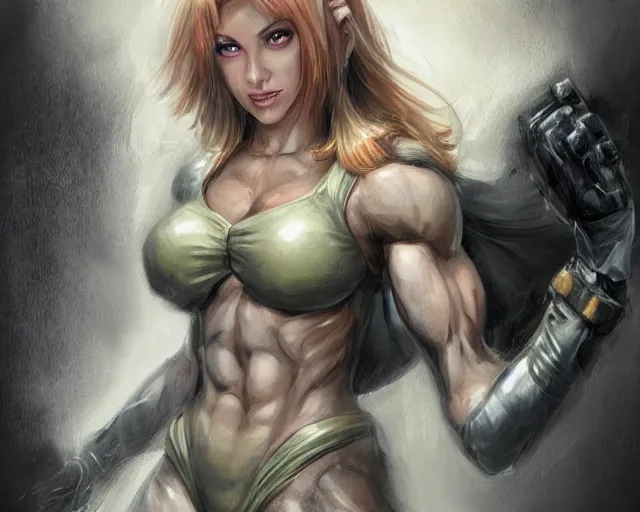 Image similar to portrait of samus aran as a very attractive female bodybuilder bride, elegant, fantasy, hd shot, digital portrait, beautiful, artstation, comic style, by artgerm, guy denning, jakub rozalski, magali villeneuve and charlie bowater