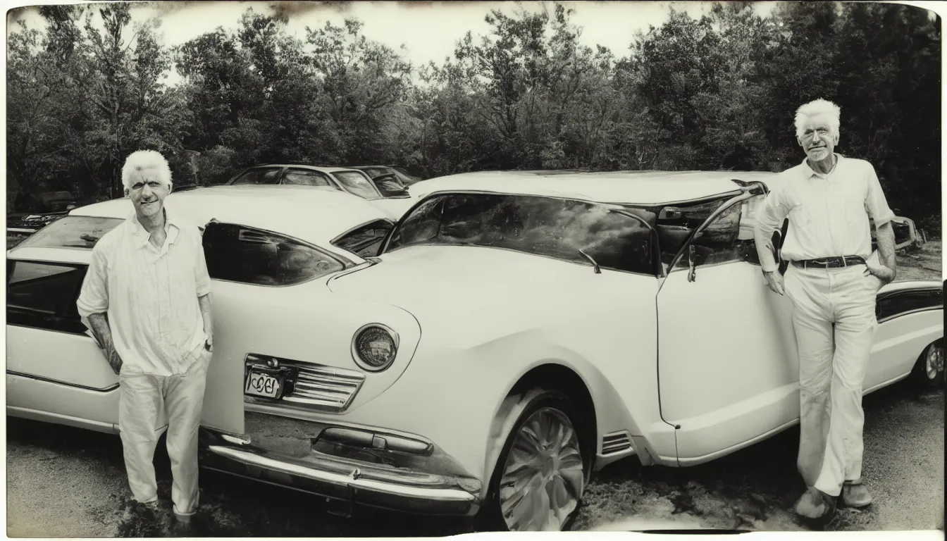 Image similar to old, scratched polaroid picture of old white haired man posing near his chrysler car very detailed, 8 k