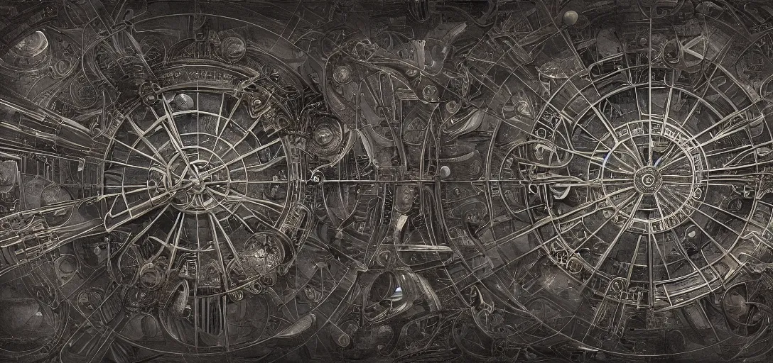 Image similar to symmetrical steampunk blueprint of a Perpetuum mobile, marginalia, symmetry, intricate Details, raphael lacoste, eddie mendoza, alex ross, concept art, matte painting, highly detailed, rule of thirds, dynamic lighting, cinematic, detailed, denoised, centerd, clean render