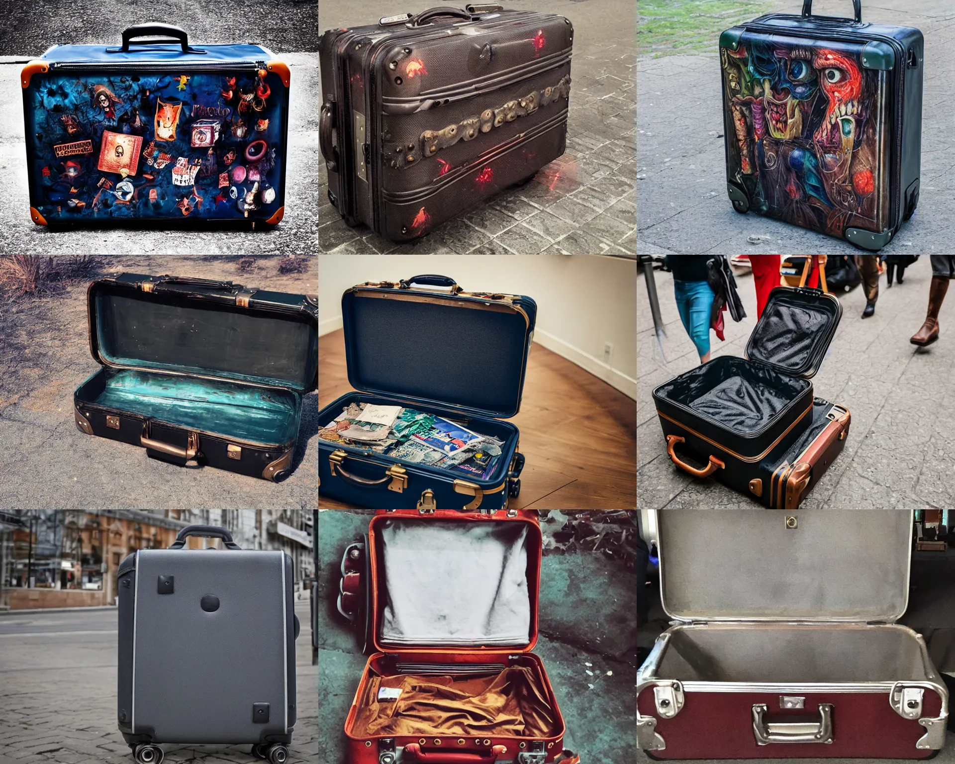 Prompt: 2018 photograph of a suitcase containing a demonic undead hellish universe of tortured souls, magical realism style, award-winning photo