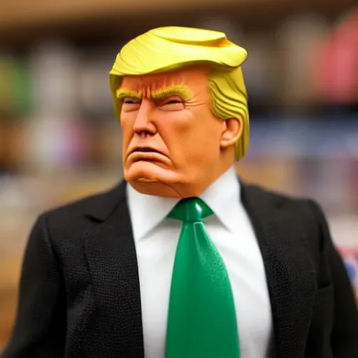 Image similar to action figure of Trump as Batman with cowl shaped like hair by Hasbro