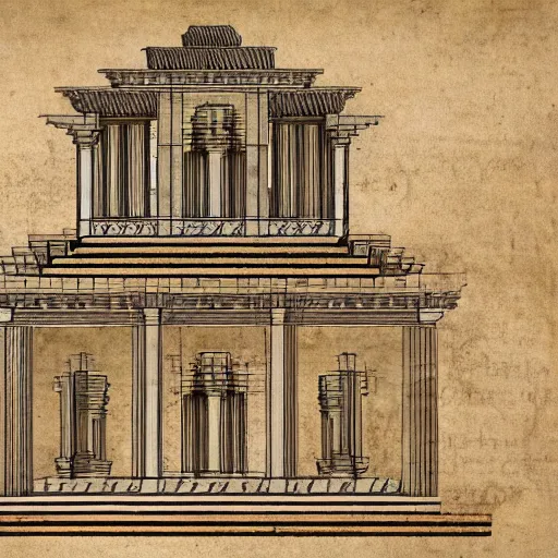 Image similar to detailed schematic for an ancient temple construction, faded parchment, aged, descriptions, highly detailed, 8 k,